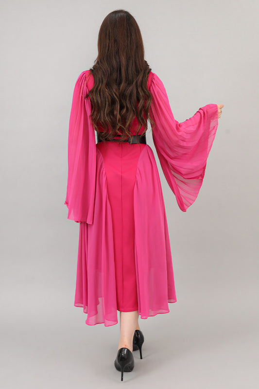 Solid color pleated midi dress in fuchsia