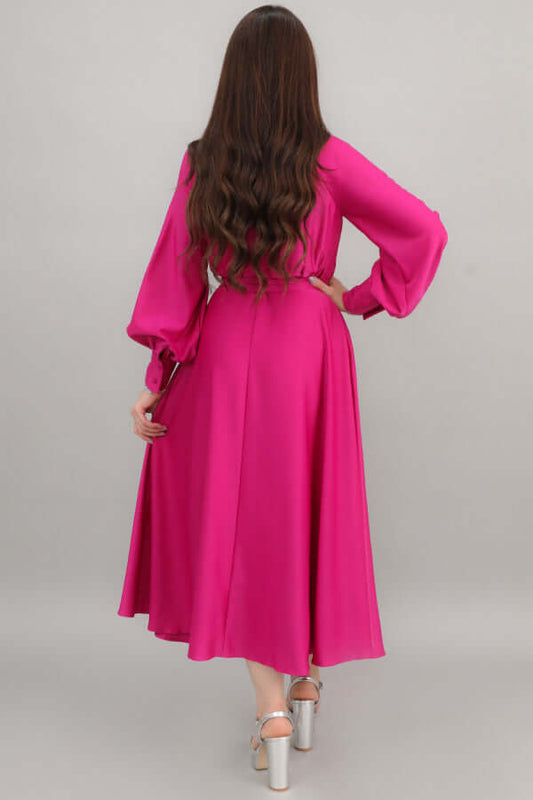 Midi dress with high neckline, fuchsia color