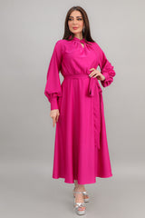 Midi dress with high neckline, fuchsia color