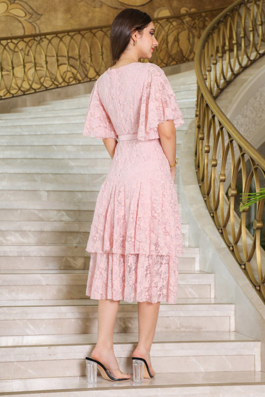 Pink lace midi dress with belt 