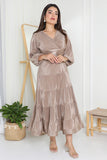 Plisse dress with long puff sleeves, beige 