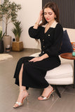 Black button-up dress with folded collar 