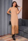 Winter dress decorated with frills and cap sleeves, beige 