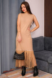 Winter dress decorated with frills and cap sleeves, beige 