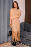 Winter dress decorated with frills and cap sleeves, beige 