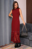 Winter dress decorated with frills and short sleeves, maroon color 
