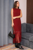 Winter dress decorated with frills and short sleeves, maroon color 