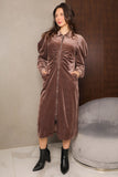 Draped velvet midi dress with a brown shirt design 