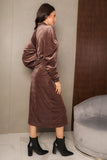 Draped velvet midi dress with a brown shirt design 