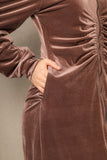 Draped velvet midi dress with a brown shirt design 