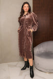 Draped velvet midi dress with a brown shirt design 