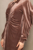 Draped velvet midi dress with a brown shirt design 