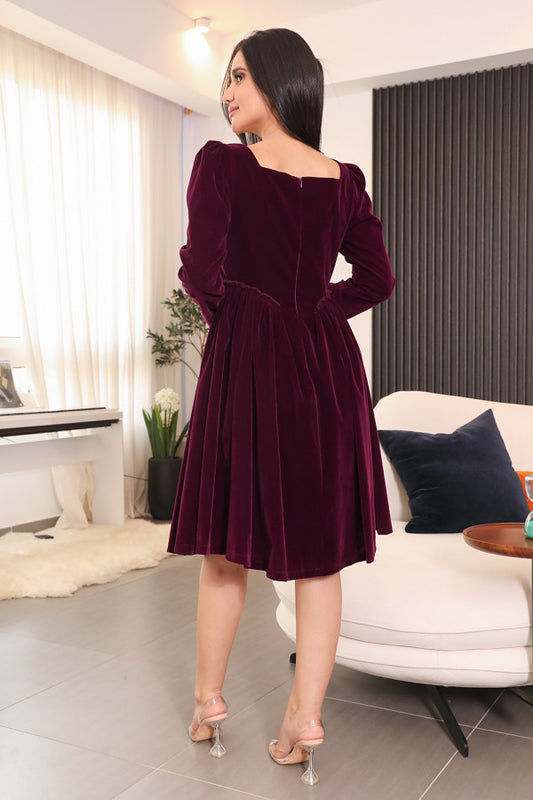 Short velvet dress with crystal embroidered collar, purple