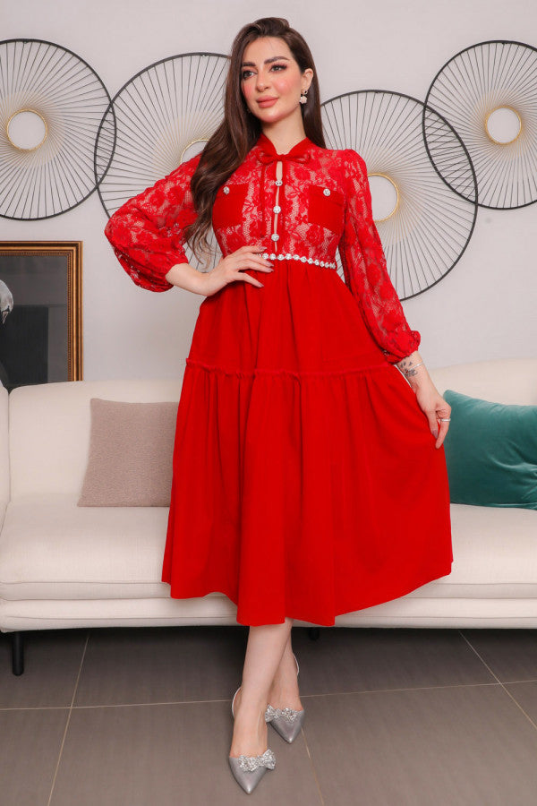 Red suede lace dress with belt 