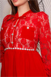 Red suede lace dress with belt 