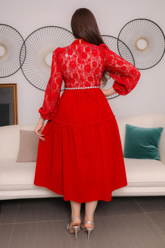 Red suede lace dress with belt 
