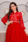 Red suede lace dress with belt 