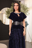 Velvet midi dress with belt at the waist, navy blue 