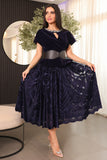 Velvet midi dress with belt at the waist, navy blue 