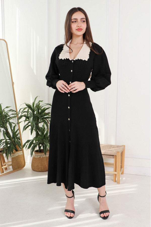 Black shirt collar midi dress 