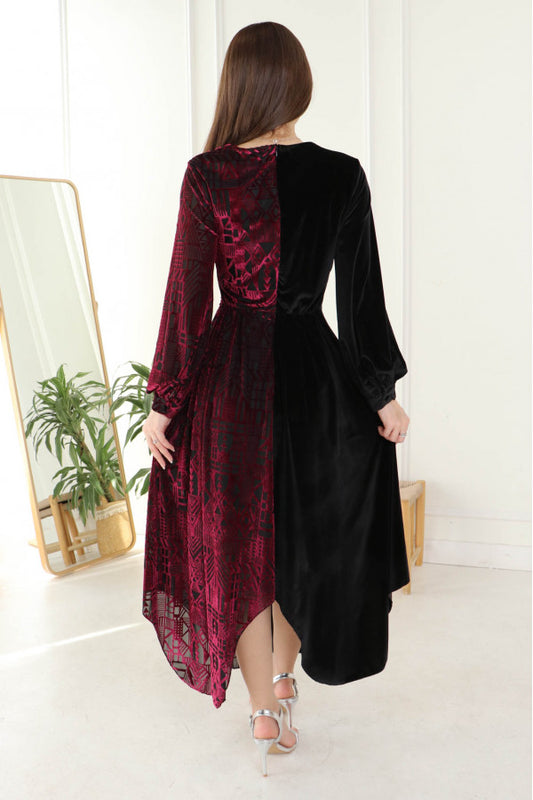 Burgundy velvet dress with split design 