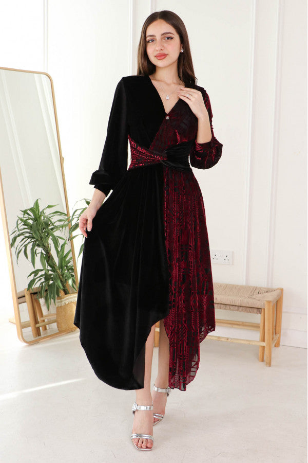 Burgundy velvet dress with split design 