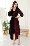 Burgundy velvet dress with split design 