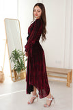 Burgundy velvet dress with split design 