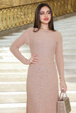 Long pleated dress with long sleeves, beige 