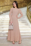 Long pleated dress with long sleeves, beige 
