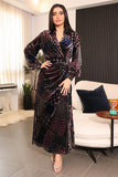 Purple velvet wrap dress with folded shirt collar 