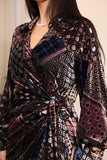 Purple velvet wrap dress with folded shirt collar 