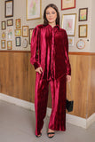 Burgundy velvet and buttoned blouse set