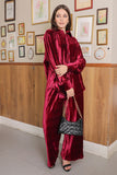 Burgundy velvet and buttoned blouse set