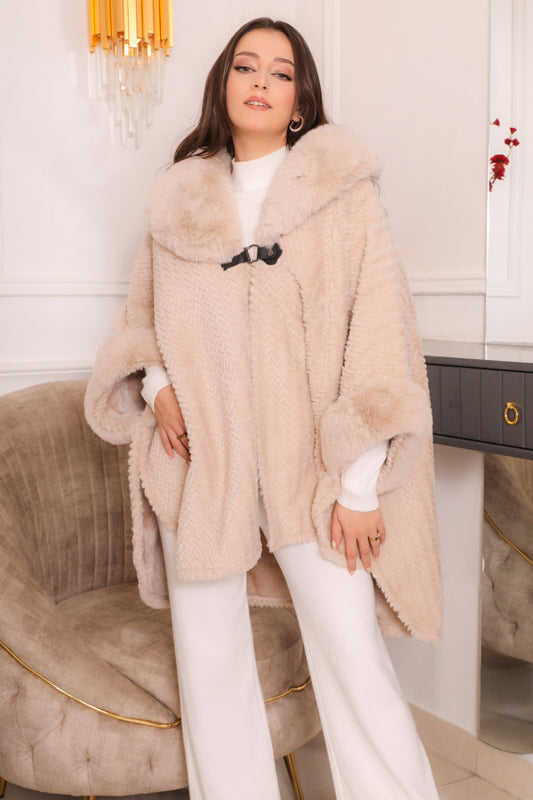 Winter fur jacket with buttons, beige color - 