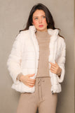 White winter jacket with hoodie collar and zipper