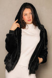 Black winter jacket with hoodie collar and zipper 