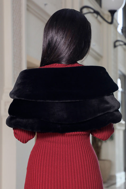 Layered fur shawl with drawstring, black 