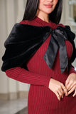 Layered fur shawl with drawstring, black 
