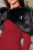 Black fur shawl with drawstring and brooch 