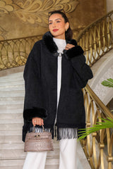 Winter jacket with pockets decorated with fringe, black 