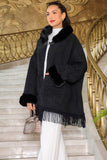 Winter jacket with pockets decorated with fringe, black 