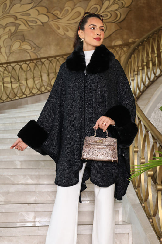 Black knitted shawl with fur sleeves 