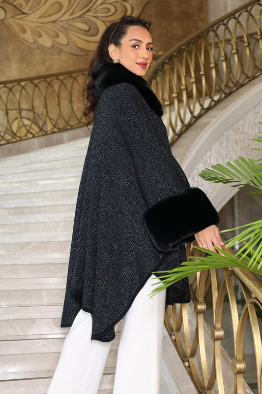 Black knitted shawl with fur sleeves 