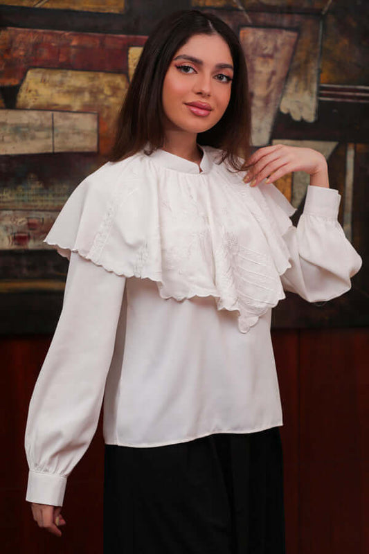 Crepe blouse with embroidered ruffle neck, white