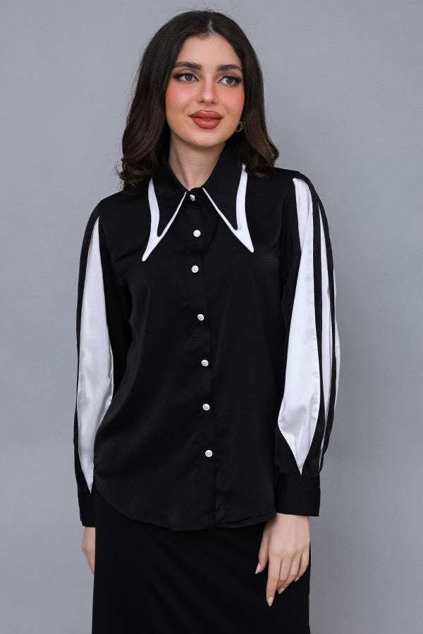 Black satin look shirt with contrasting sleeves