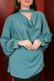 Pleated blouse with neck belt, Tiffany color