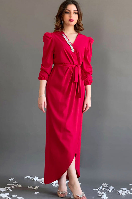 فستان لف بكرستال لون احمر