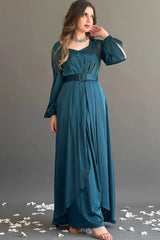 Luxurious soft satin dress with open sleeves, olive color
