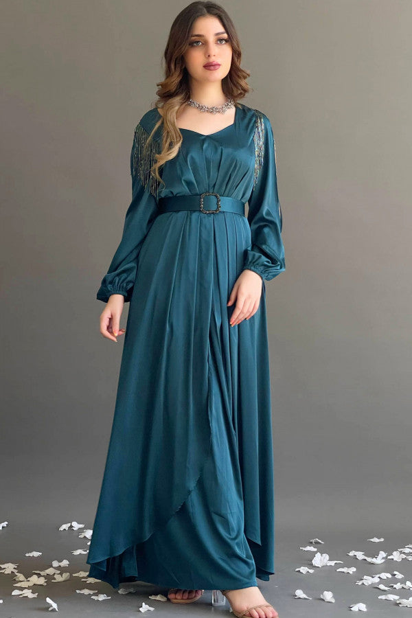 Luxurious soft satin dress with open sleeves, olive color